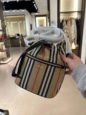 Burberry Mini Striped Drawstring Crossbody Bucket Pouch Bag